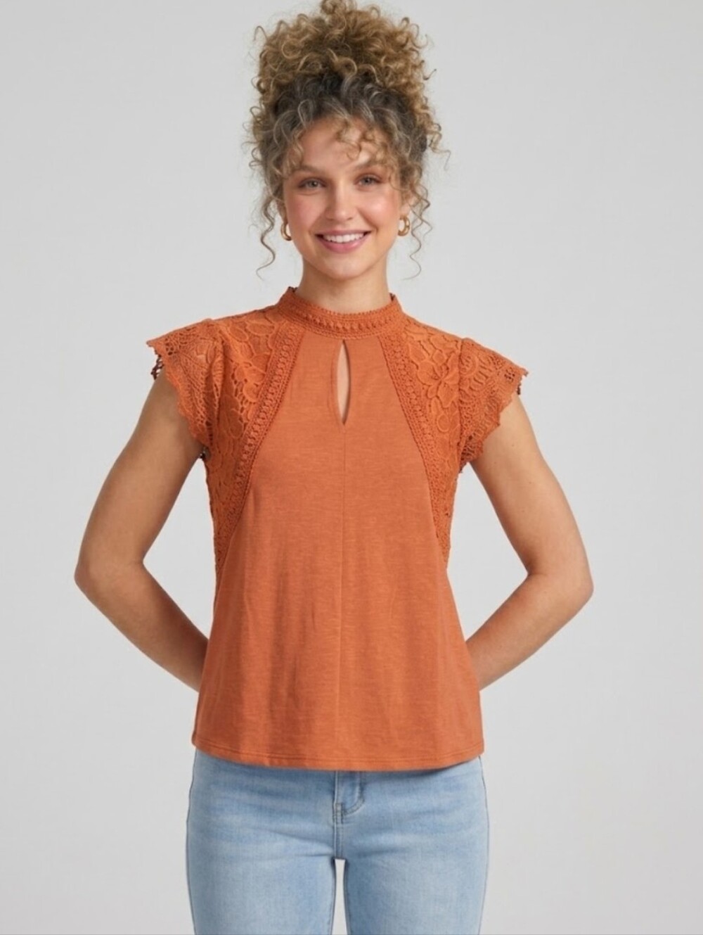 Lace Yoke Keyhole Mock Neck Top